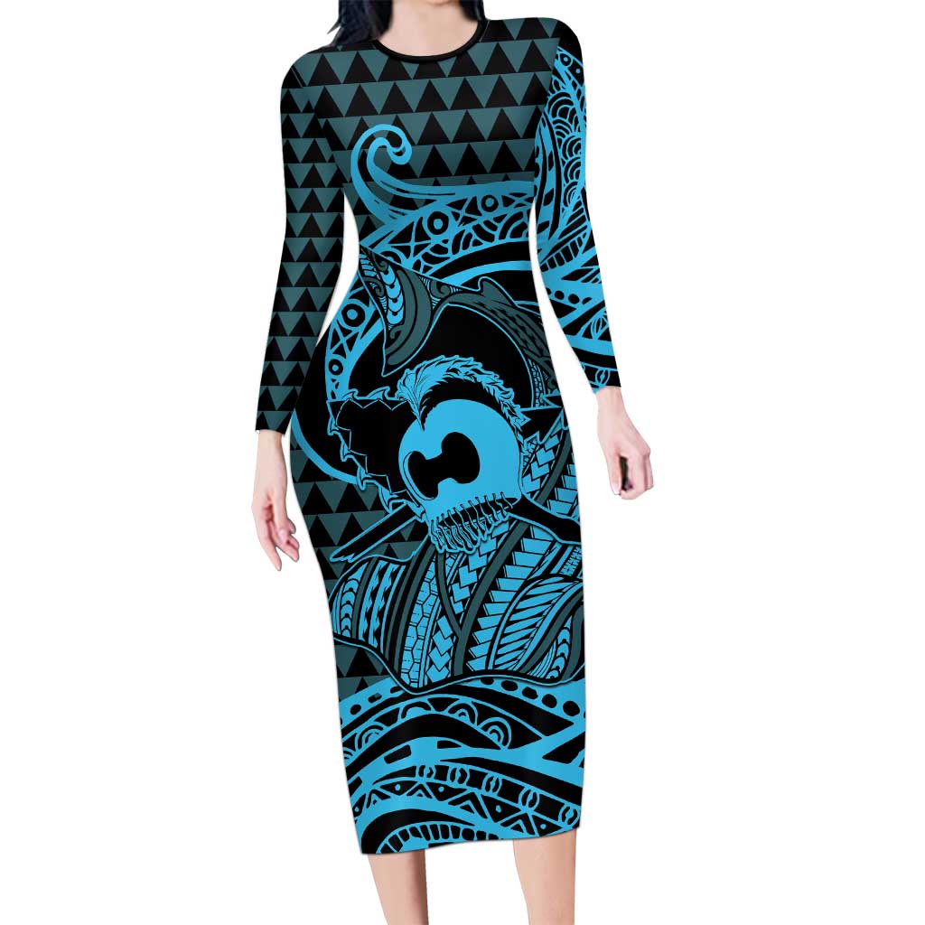 Koa Ikaika Warrior Helmet with Shark Family Matching Long Sleeve Bodycon Dress and Hawaiian Shirt Blue Kakau Style LT9 Mom's Dress Blue - Polynesian Pride