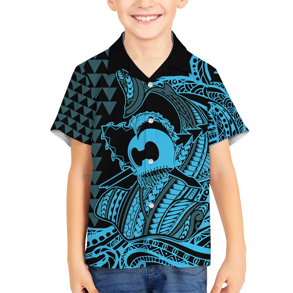 Koa Ikaika Warrior Helmet with Shark Family Matching Long Sleeve Bodycon Dress and Hawaiian Shirt Blue Kakau Style LT9 Son's Shirt Blue - Polynesian Pride