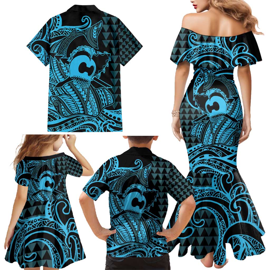 Koa Ikaika Warrior Helmet with Shark Family Matching Mermaid Dress and Hawaiian Shirt Blue Kakau Style LT9 - Polynesian Pride