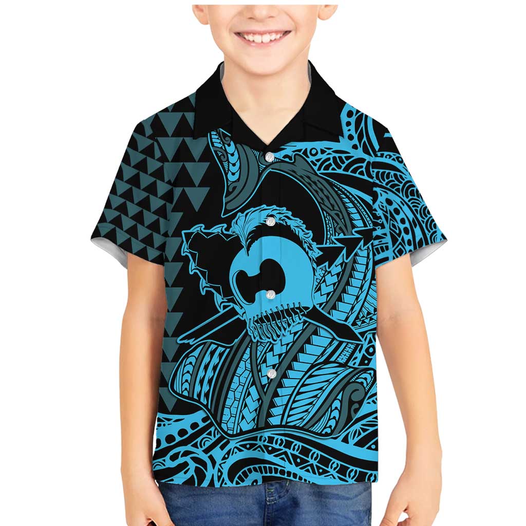 Koa Ikaika Warrior Helmet with Shark Family Matching Mermaid Dress and Hawaiian Shirt Blue Kakau Style LT9 Son's Shirt Blue - Polynesian Pride