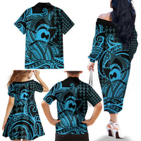 Koa Ikaika Warrior Helmet with Shark Family Matching Off The Shoulder Long Sleeve Dress and Hawaiian Shirt Blue Kakau Style LT9 - Polynesian Pride