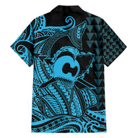 Koa Ikaika Warrior Helmet with Shark Family Matching Off The Shoulder Long Sleeve Dress and Hawaiian Shirt Blue Kakau Style LT9 - Polynesian Pride
