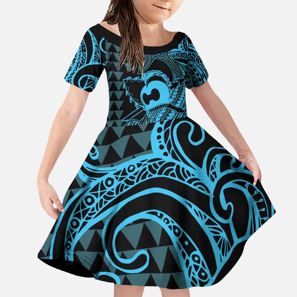 Koa Ikaika Warrior Helmet with Shark Family Matching Off Shoulder Maxi Dress and Hawaiian Shirt Blue Kakau Style LT9 Daughter's Dress Blue - Polynesian Pride