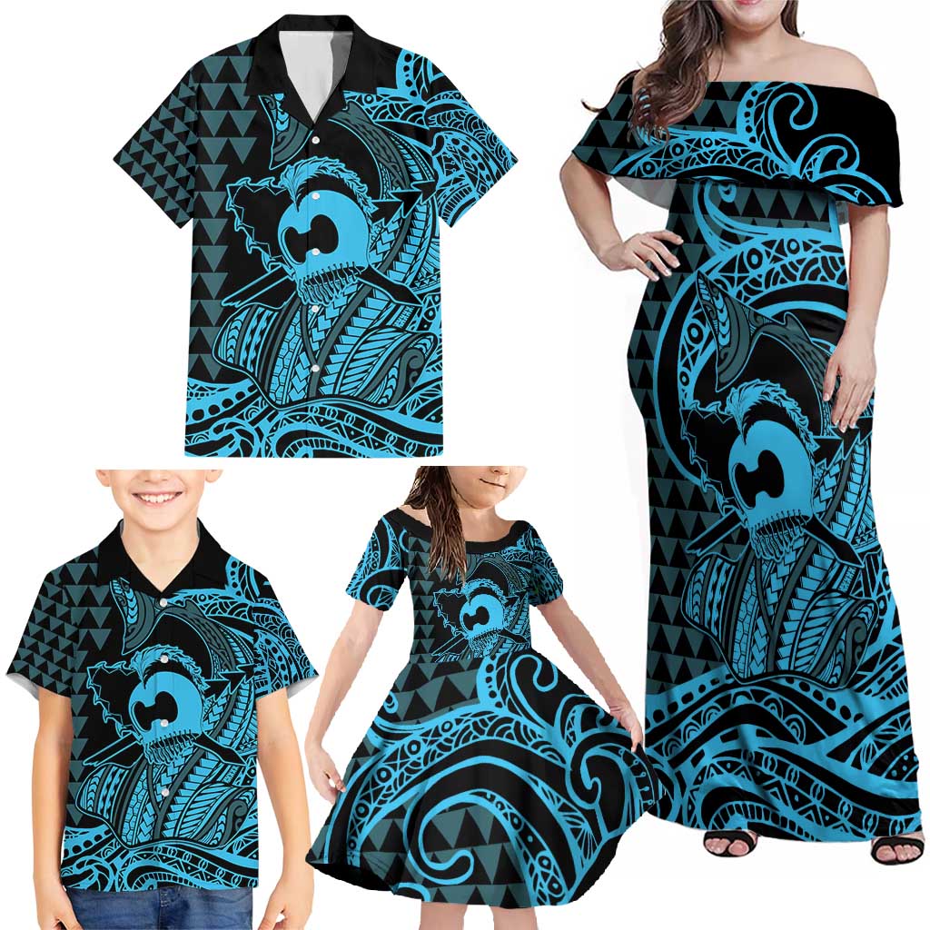Koa Ikaika Warrior Helmet with Shark Family Matching Off Shoulder Maxi Dress and Hawaiian Shirt Blue Kakau Style LT9 - Polynesian Pride