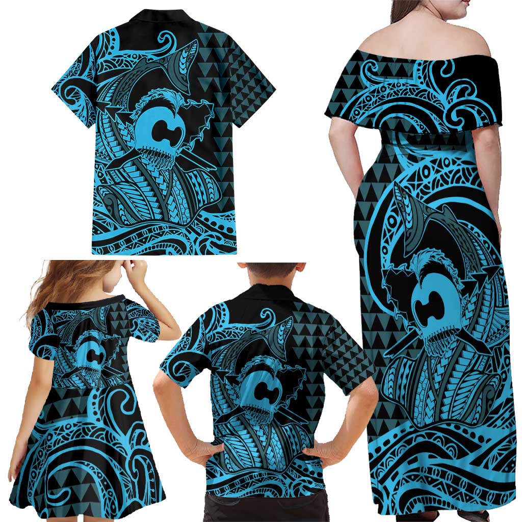 Koa Ikaika Warrior Helmet with Shark Family Matching Off Shoulder Maxi Dress and Hawaiian Shirt Blue Kakau Style LT9 - Polynesian Pride
