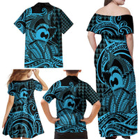Koa Ikaika Warrior Helmet with Shark Family Matching Off Shoulder Maxi Dress and Hawaiian Shirt Blue Kakau Style LT9 - Polynesian Pride