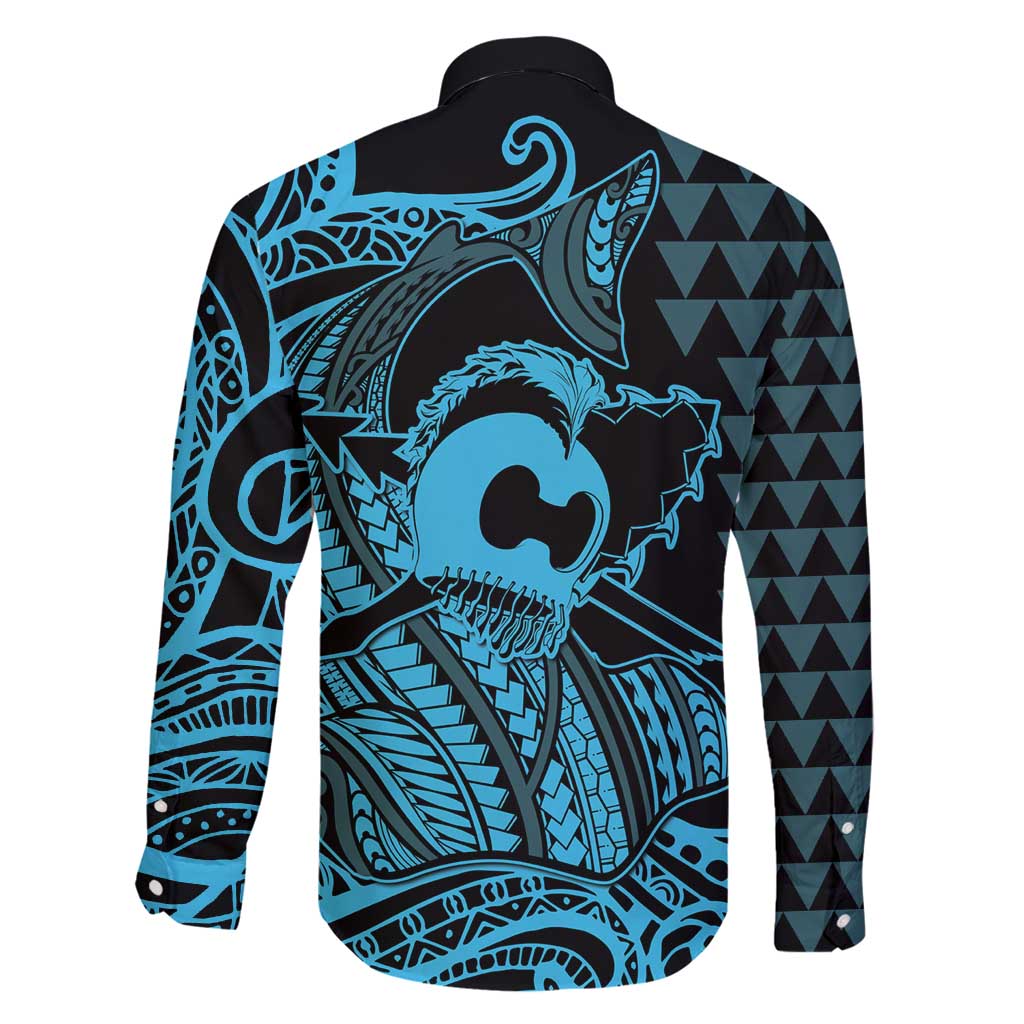 Koa Ikaika Warrior Helmet with Shark Family Matching Off Shoulder Maxi Dress and Hawaiian Shirt Blue Kakau Style LT9 - Polynesian Pride