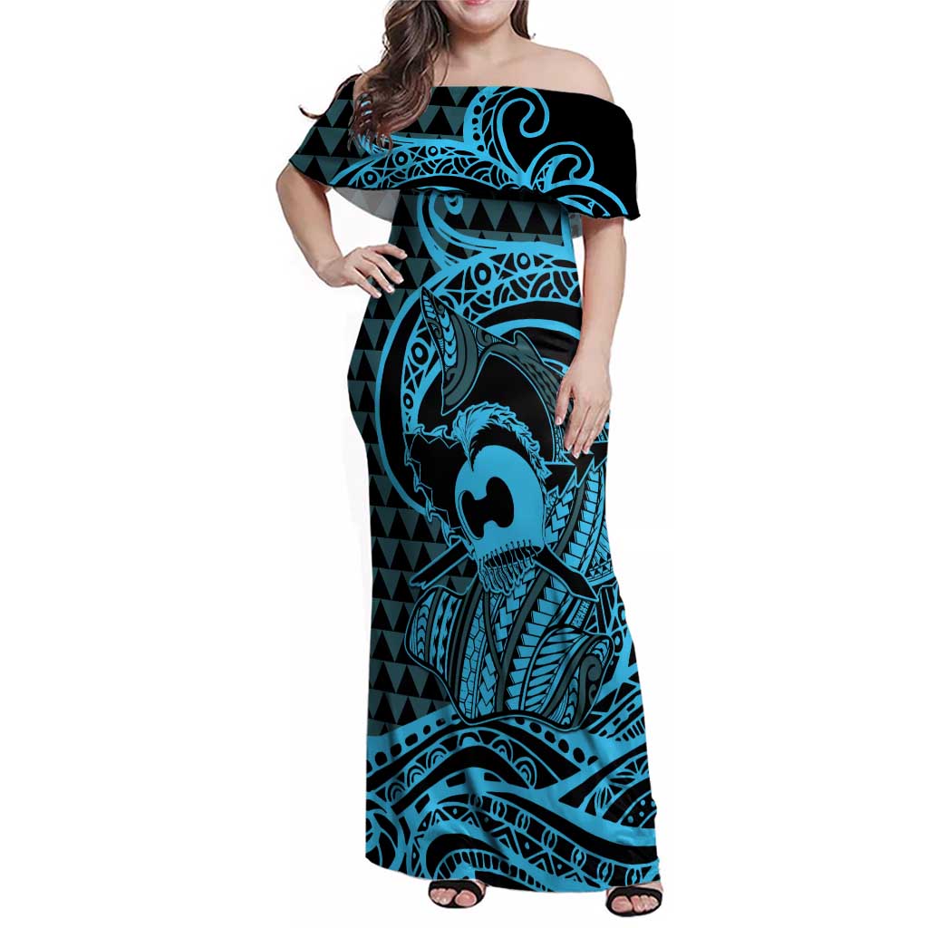 Koa Ikaika Warrior Helmet with Shark Family Matching Off Shoulder Maxi Dress and Hawaiian Shirt Blue Kakau Style LT9 Mom's Dress Blue - Polynesian Pride