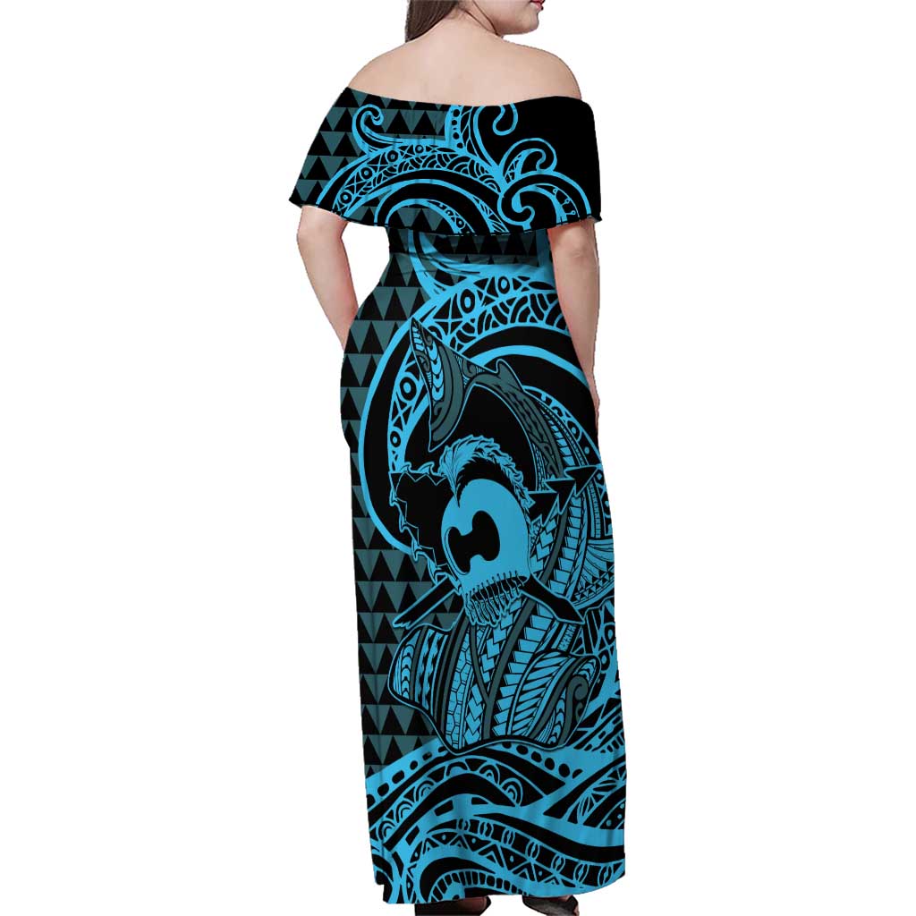 Koa Ikaika Warrior Helmet with Shark Family Matching Off Shoulder Maxi Dress and Hawaiian Shirt Blue Kakau Style LT9 - Polynesian Pride