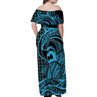 Koa Ikaika Warrior Helmet with Shark Family Matching Off Shoulder Maxi Dress and Hawaiian Shirt Blue Kakau Style LT9 - Polynesian Pride