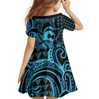 Koa Ikaika Warrior Helmet with Shark Family Matching Off Shoulder Short Dress and Hawaiian Shirt Blue Kakau Style LT9 - Polynesian Pride