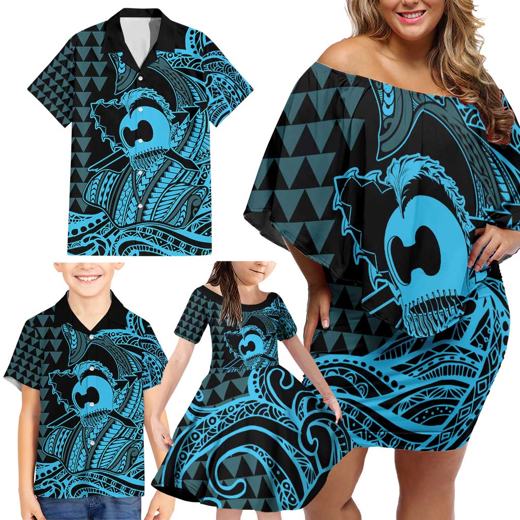 Koa Ikaika Warrior Helmet with Shark Family Matching Off Shoulder Short Dress and Hawaiian Shirt Blue Kakau Style LT9 - Polynesian Pride
