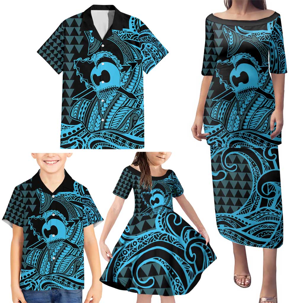 Koa Ikaika Warrior Helmet with Shark Family Matching Puletasi and Hawaiian Shirt Blue Kakau Style LT9 - Polynesian Pride