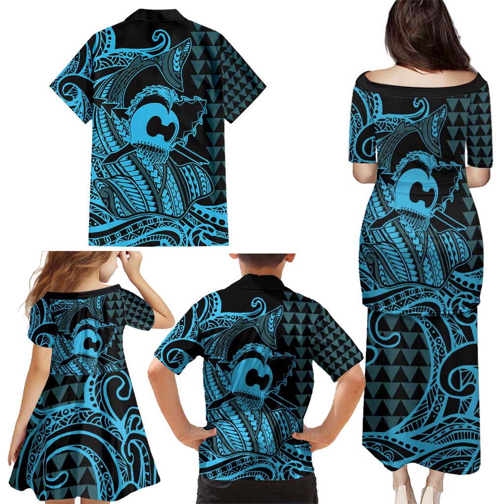 Koa Ikaika Warrior Helmet with Shark Family Matching Puletasi and Hawaiian Shirt Blue Kakau Style LT9 - Polynesian Pride