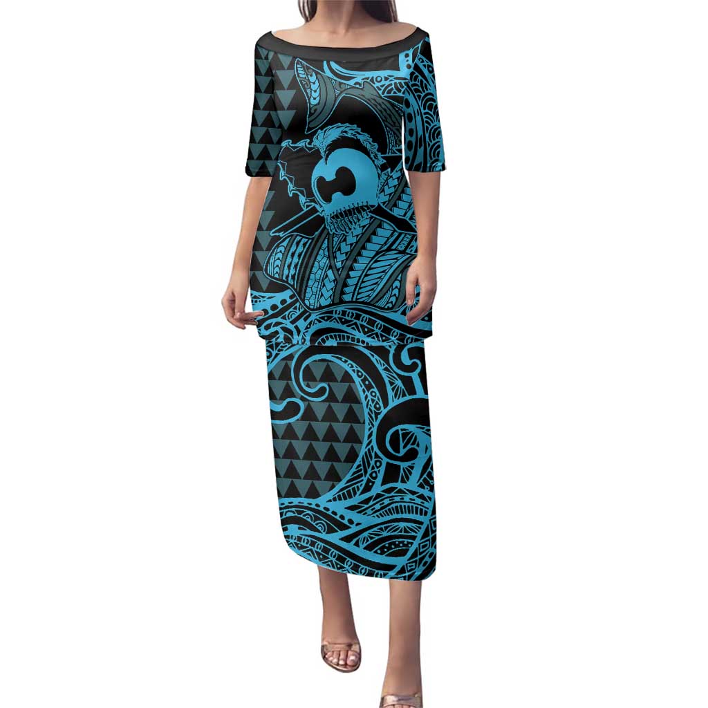 Koa Ikaika Warrior Helmet with Shark Family Matching Puletasi and Hawaiian Shirt Blue Kakau Style LT9 Mom's Dress Blue - Polynesian Pride