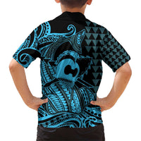 Koa Ikaika Warrior Helmet with Shark Family Matching Short Sleeve Bodycon Dress and Hawaiian Shirt Blue Kakau Style LT9 - Polynesian Pride