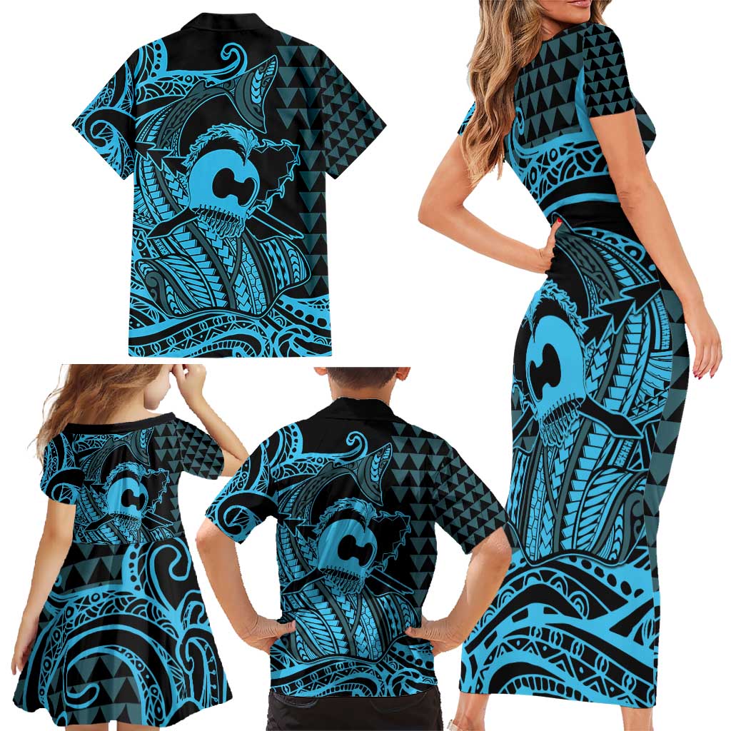 Koa Ikaika Warrior Helmet with Shark Family Matching Short Sleeve Bodycon Dress and Hawaiian Shirt Blue Kakau Style LT9 - Polynesian Pride