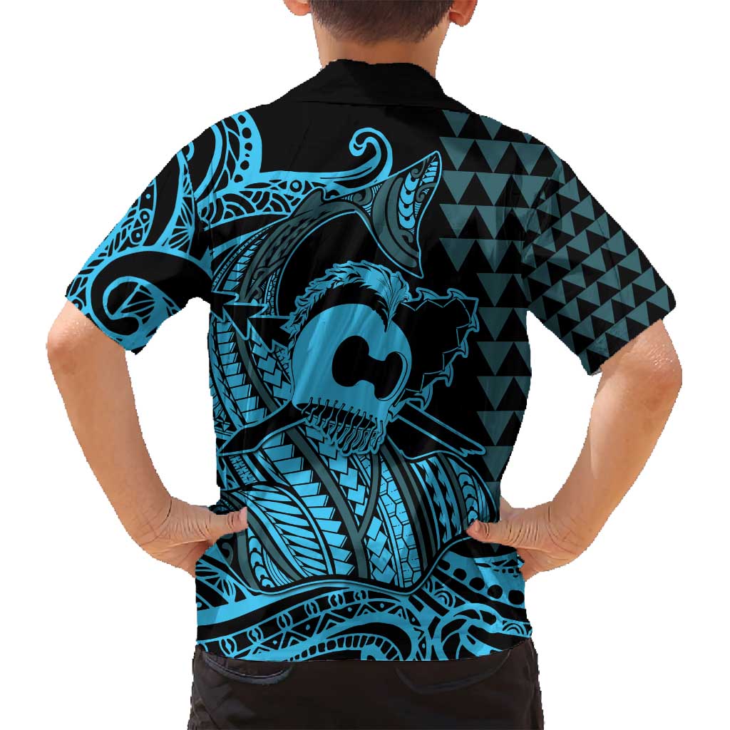 Koa Ikaika Warrior Helmet with Shark Family Matching Summer Maxi Dress and Hawaiian Shirt Blue Kakau Style LT9 - Polynesian Pride