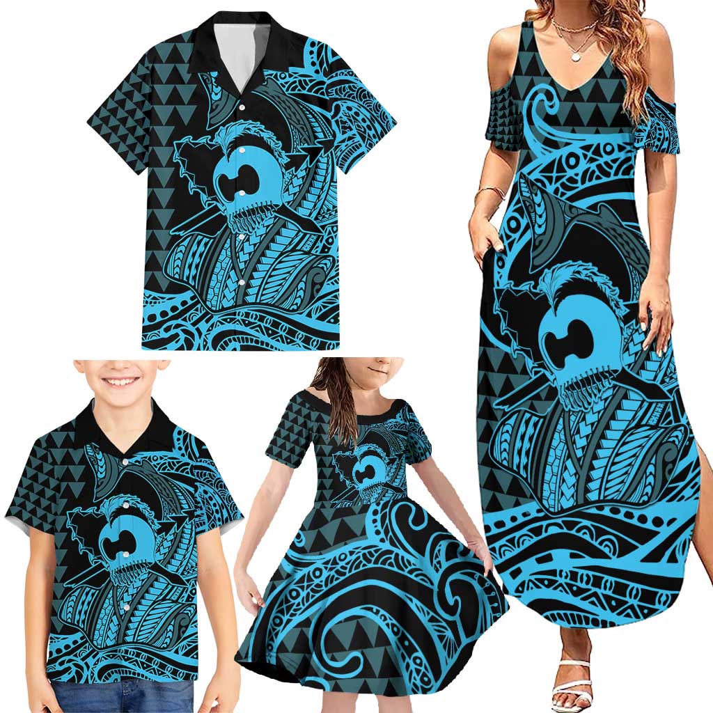 Koa Ikaika Warrior Helmet with Shark Family Matching Summer Maxi Dress and Hawaiian Shirt Blue Kakau Style LT9 - Polynesian Pride