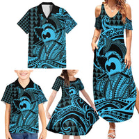 Koa Ikaika Warrior Helmet with Shark Family Matching Summer Maxi Dress and Hawaiian Shirt Blue Kakau Style LT9 - Polynesian Pride