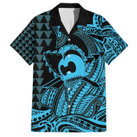 Koa Ikaika Warrior Helmet with Shark Family Matching Summer Maxi Dress and Hawaiian Shirt Blue Kakau Style LT9 Dad's Shirt - Short Sleeve Blue - Polynesian Pride