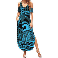 Koa Ikaika Warrior Helmet with Shark Family Matching Summer Maxi Dress and Hawaiian Shirt Blue Kakau Style LT9 Mom's Dress Blue - Polynesian Pride