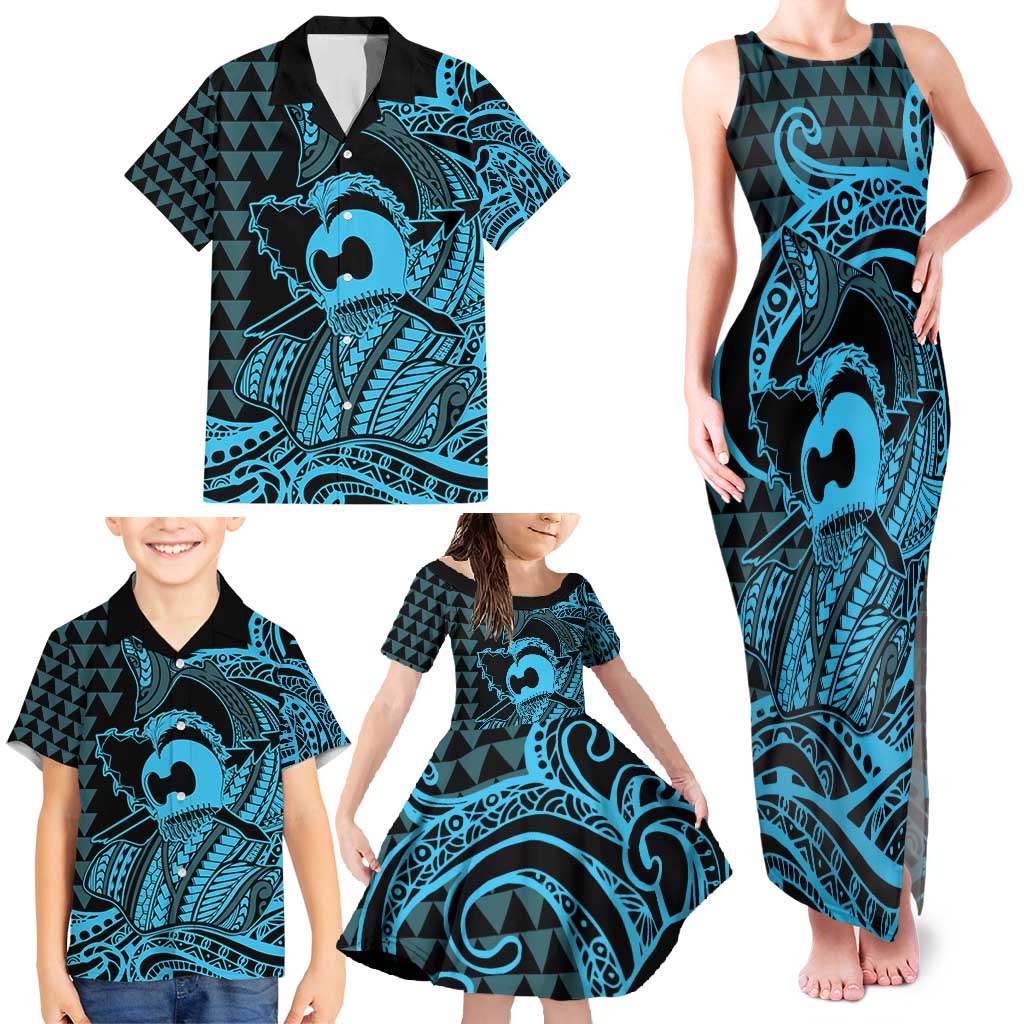 Koa Ikaika Warrior Helmet with Shark Family Matching Tank Maxi Dress and Hawaiian Shirt Blue Kakau Style LT9 - Polynesian Pride