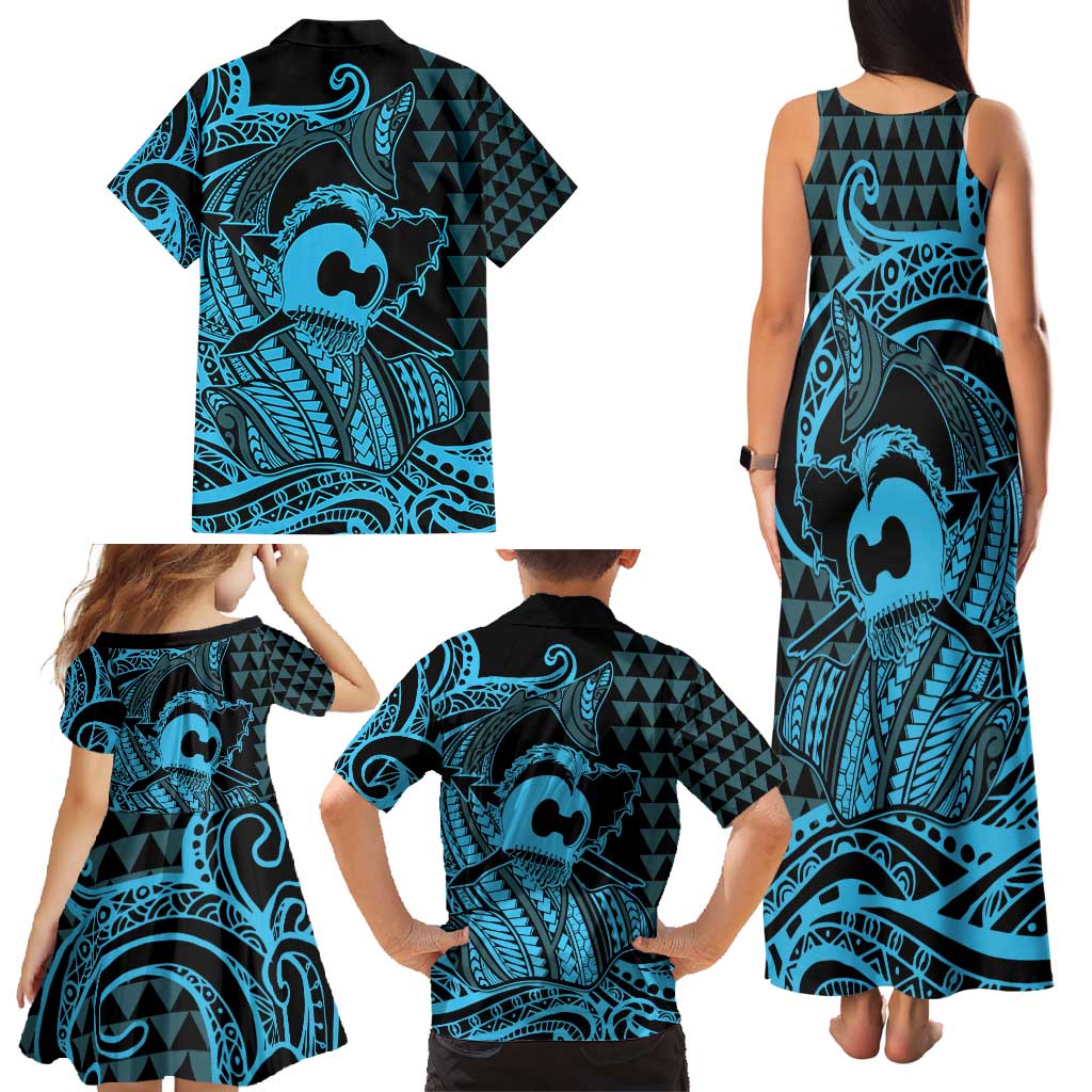 Koa Ikaika Warrior Helmet with Shark Family Matching Tank Maxi Dress and Hawaiian Shirt Blue Kakau Style LT9 - Polynesian Pride