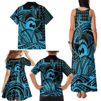 Koa Ikaika Warrior Helmet with Shark Family Matching Tank Maxi Dress and Hawaiian Shirt Blue Kakau Style LT9 - Polynesian Pride