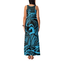 Koa Ikaika Warrior Helmet with Shark Family Matching Tank Maxi Dress and Hawaiian Shirt Blue Kakau Style LT9 - Polynesian Pride