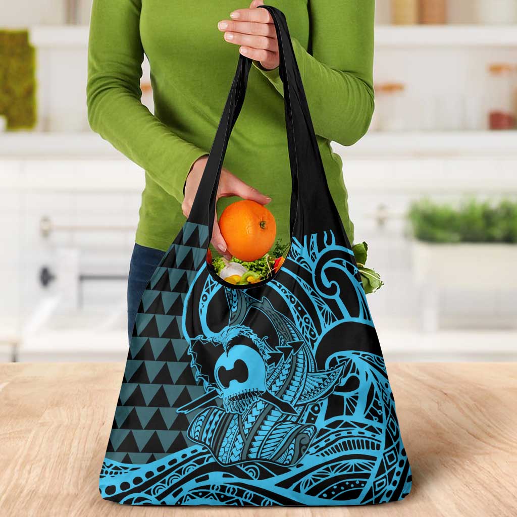 Koa Ikaika Warrior Helmet with Shark Grocery Bag Blue Kakau Style