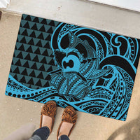 Koa Ikaika Warrior Helmet with Shark Rubber Doormat Blue Kakau Style