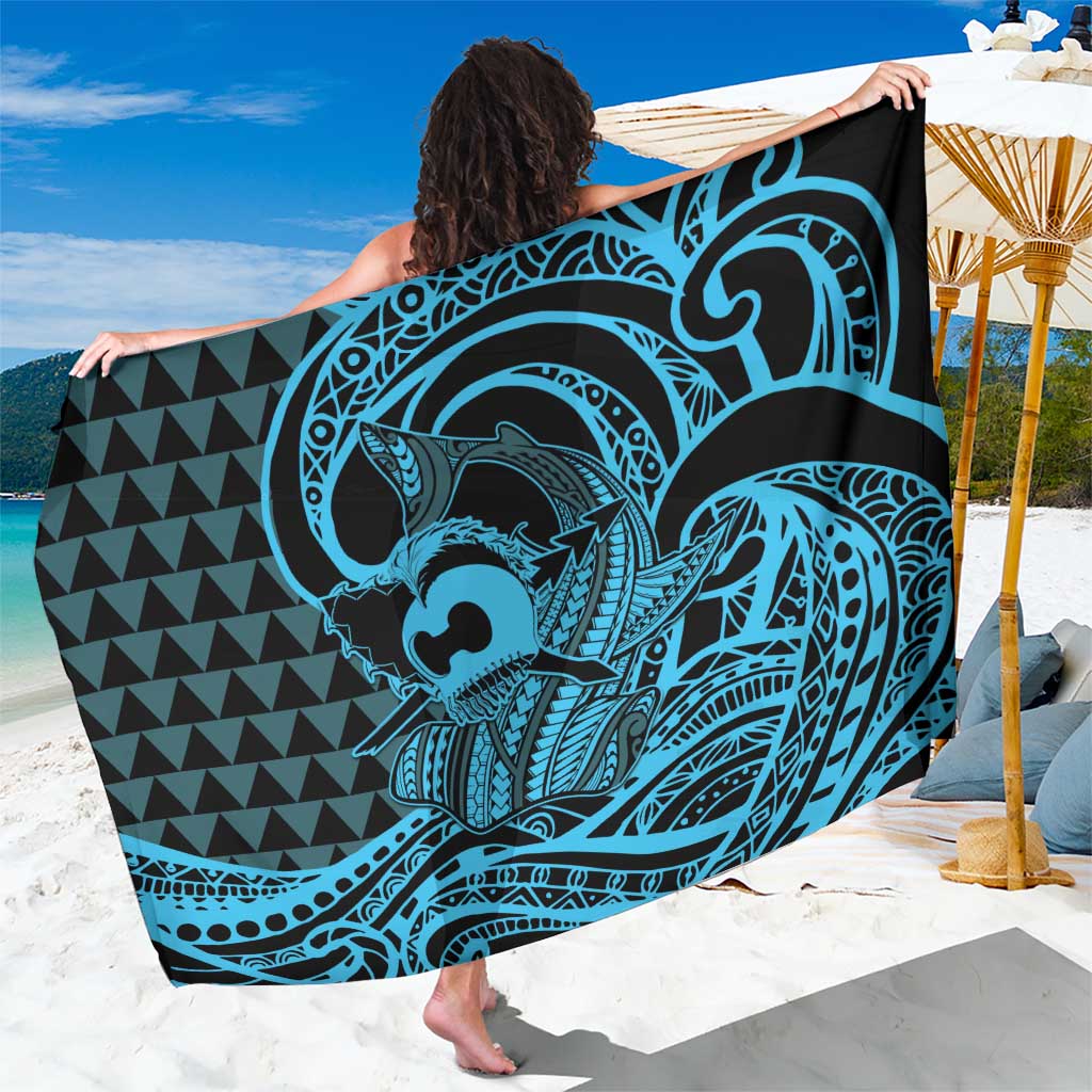 Koa Ikaika Warrior Helmet with Shark Sarong Blue Kakau Style