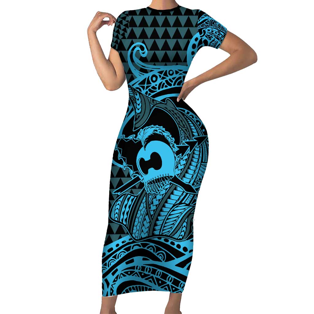 Koa Ikaika Warrior Helmet with Shark Short Sleeve Bodycon Dress Blue Kakau Style LT9 Long Dress Blue - Polynesian Pride