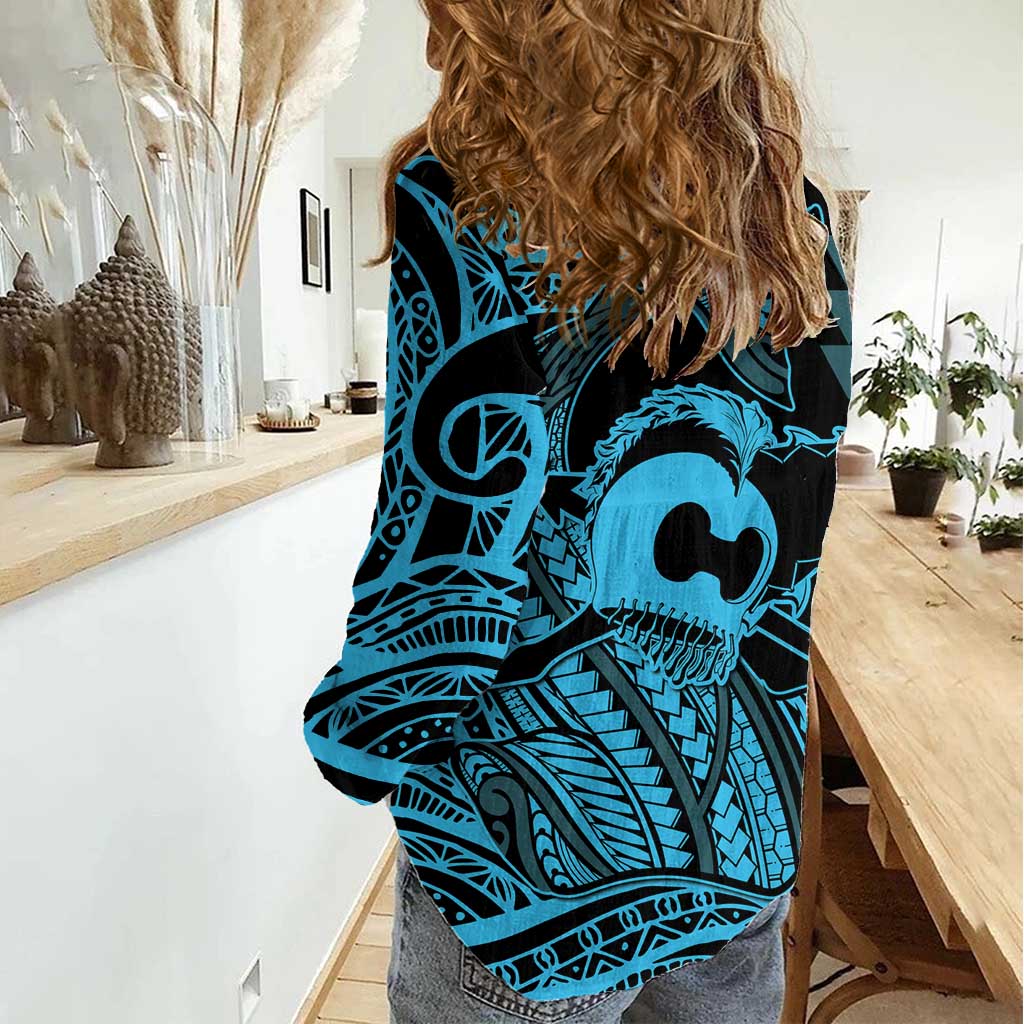 Koa Ikaika Warrior Helmet with Shark Women Casual Shirt Blue Kakau Style