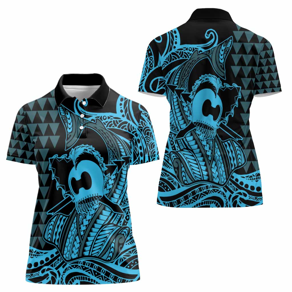 Koa Ikaika Warrior Helmet with Shark Women Polo Shirt Blue Kakau Style