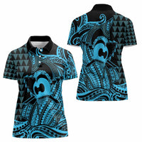 Koa Ikaika Warrior Helmet with Shark Women Polo Shirt Blue Kakau Style