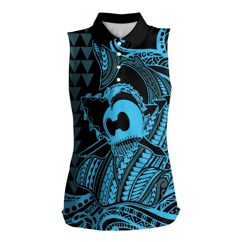 Koa Ikaika Warrior Helmet with Shark Women Sleeveless Polo Shirt Blue Kakau Style LT9 Female Blue - Polynesian Pride