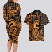 Koa Ikaika Warrior Helmet with Shark Couples Matching Long Sleeve Bodycon Dress and Hawaiian Shirt Gold Kakau Style LT9 - Polynesian Pride