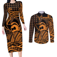 Koa Ikaika Warrior Helmet with Shark Couples Matching Long Sleeve Bodycon Dress and Long Sleeve Button Shirt Gold Kakau Style LT9 Gold - Polynesian Pride