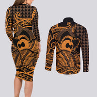 Koa Ikaika Warrior Helmet with Shark Couples Matching Long Sleeve Bodycon Dress and Long Sleeve Button Shirt Gold Kakau Style LT9 - Polynesian Pride