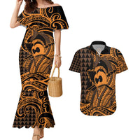 Koa Ikaika Warrior Helmet with Shark Couples Matching Mermaid Dress and Hawaiian Shirt Gold Kakau Style LT9 Gold - Polynesian Pride