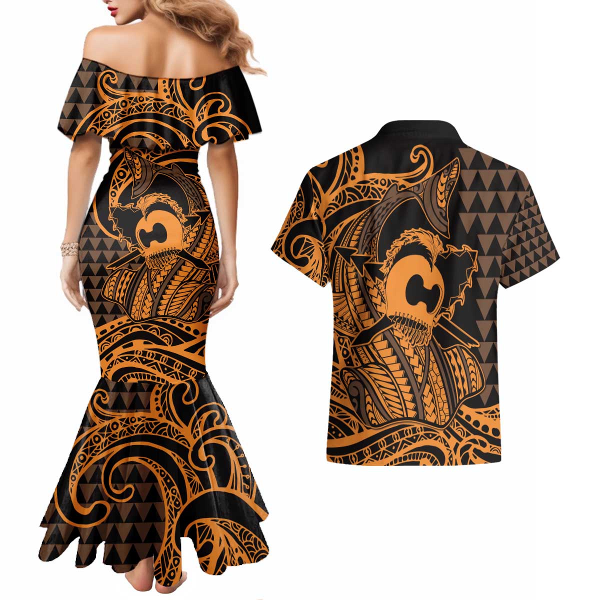 Koa Ikaika Warrior Helmet with Shark Couples Matching Mermaid Dress and Hawaiian Shirt Gold Kakau Style LT9 - Polynesian Pride