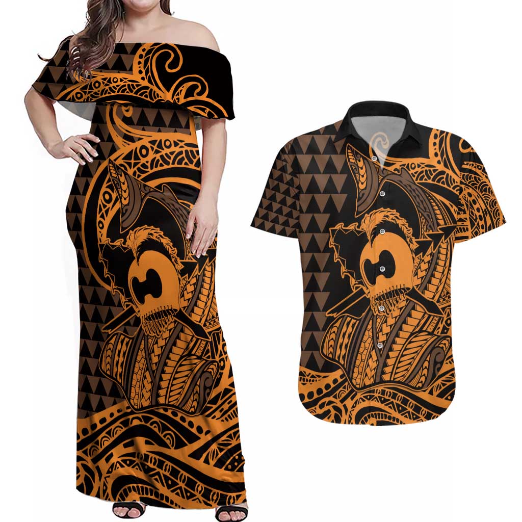 Koa Ikaika Warrior Helmet with Shark Couples Matching Off Shoulder Maxi Dress and Hawaiian Shirt Gold Kakau Style LT9 Gold - Polynesian Pride