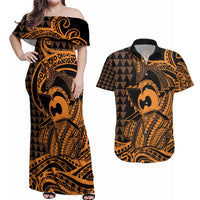 Koa Ikaika Warrior Helmet with Shark Couples Matching Off Shoulder Maxi Dress and Hawaiian Shirt Gold Kakau Style LT9 Gold - Polynesian Pride
