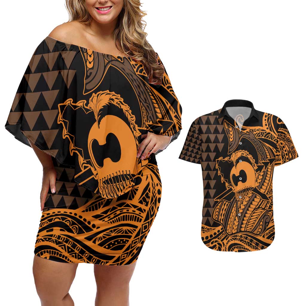 Koa Ikaika Warrior Helmet with Shark Couples Matching Off Shoulder Short Dress and Hawaiian Shirt Gold Kakau Style LT9 Gold - Polynesian Pride