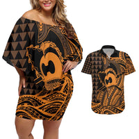 Koa Ikaika Warrior Helmet with Shark Couples Matching Off Shoulder Short Dress and Hawaiian Shirt Gold Kakau Style LT9 Gold - Polynesian Pride