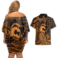 Koa Ikaika Warrior Helmet with Shark Couples Matching Off Shoulder Short Dress and Hawaiian Shirt Gold Kakau Style LT9 - Polynesian Pride