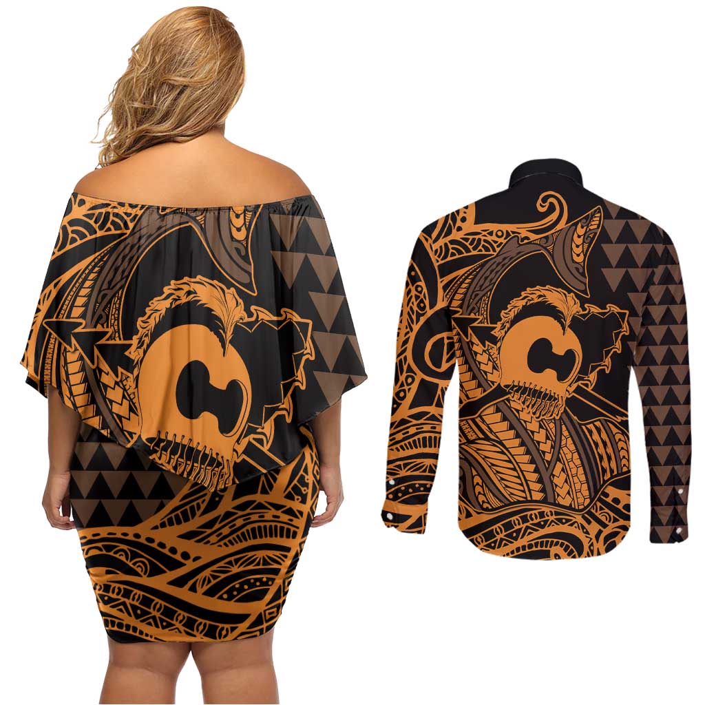 Koa Ikaika Warrior Helmet with Shark Couples Matching Off Shoulder Short Dress and Long Sleeve Button Shirt Gold Kakau Style LT9 - Polynesian Pride