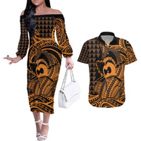 Koa Ikaika Warrior Helmet with Shark Couples Matching Off The Shoulder Long Sleeve Dress and Hawaiian Shirt Gold Kakau Style LT9 Gold - Polynesian Pride